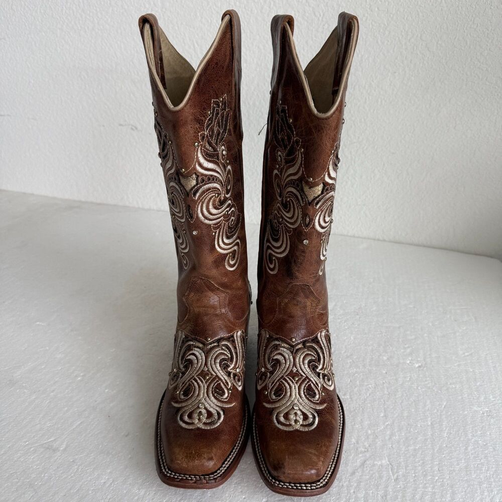 Stiefeld Handcrafted Leather Western Boots Women 8.5 Floral Embroidered Crystal - Picture 2 of 15